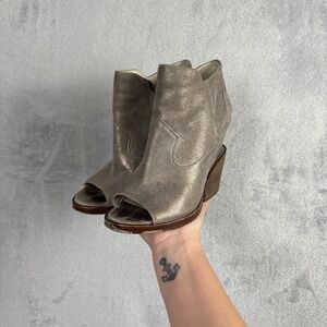 Ash Ros Bis Metallic Pewter Leather Open Toe Western Block Heel Booties 38